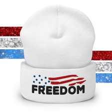 Beanie Knit Cuff Hat "Freedom" USA Flag Embroidered Patriotic Cap