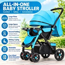 Baby Stroller 2-in-1 Foldable Pram Large Tray Storage Seat Recline Shock Absorb
