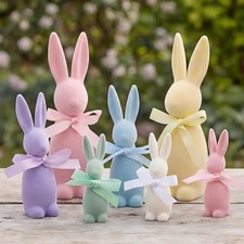 7 Pcs Pastel Easter Bunny Flocked Resin Figurines Set, 3 Sizes Pastel Flocked Ra