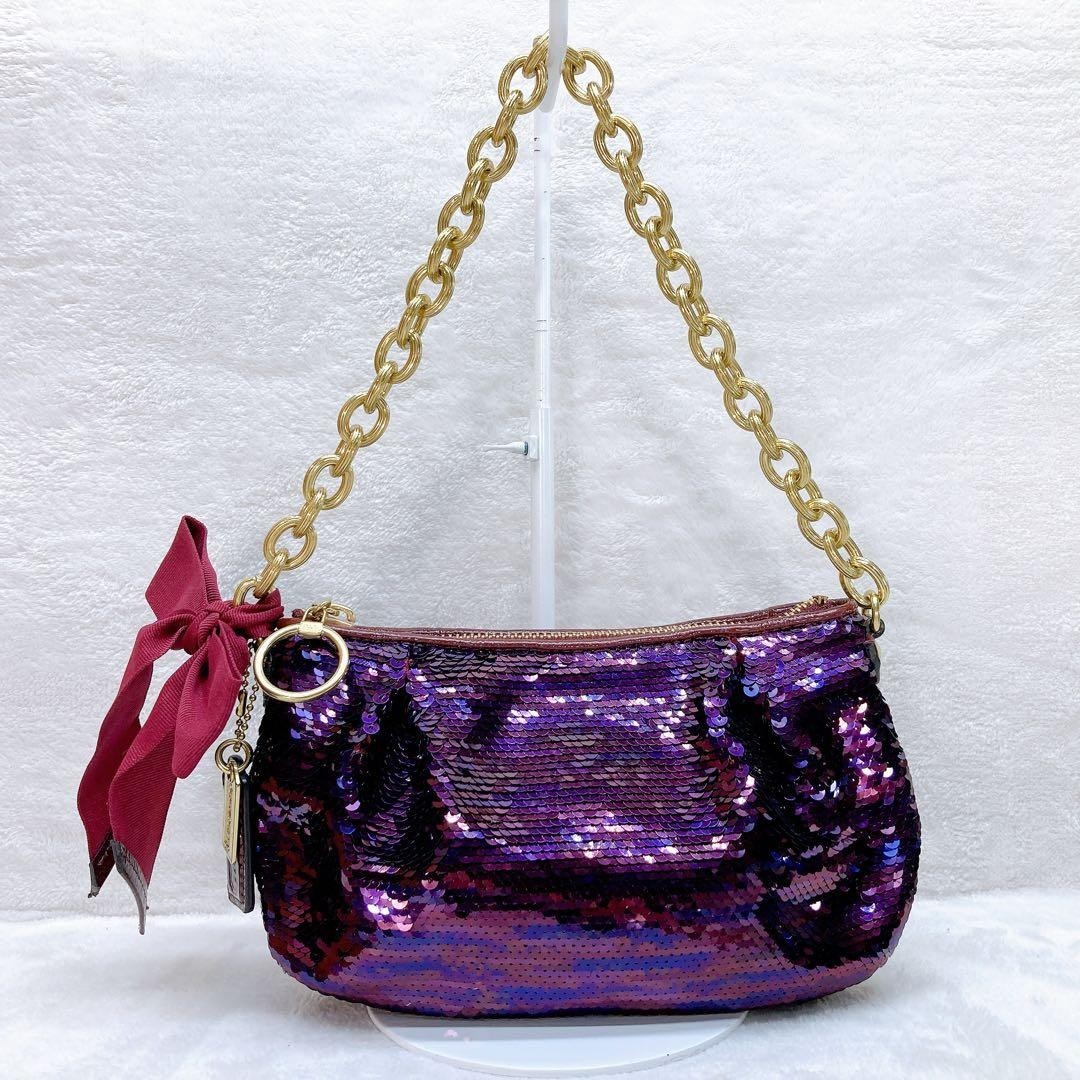 Coach Purple Poppy Sequins Chain Shoulder Party Bag 18725 Y2K Mini