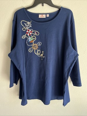 Quacker Factory 3/4 Sleeve Shirt Women 2X Navy Blue