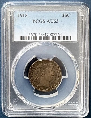 1915 Barber Quarter PCGS AU53 light even circulated patina dark obv clean cheek