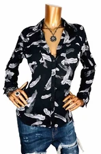 Express Portofino S Top Feathers Print Logo Button Up Shirt Long Sleeves Low Cut