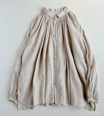 Pas de Calais Linen Collared Blouse Gathered Natural Exc