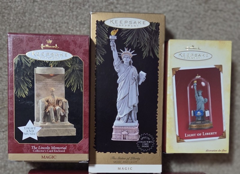 3 NEW Vintage Statue of Liberty Lincoln Memorial Hallmark Keepsake Xmas Ornament