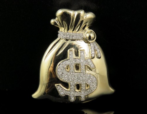 10K Yellow Gold Diamond Dollar Money Bag Pendant 1/2 Ct 1.4" - 第 4/8 張圖片
