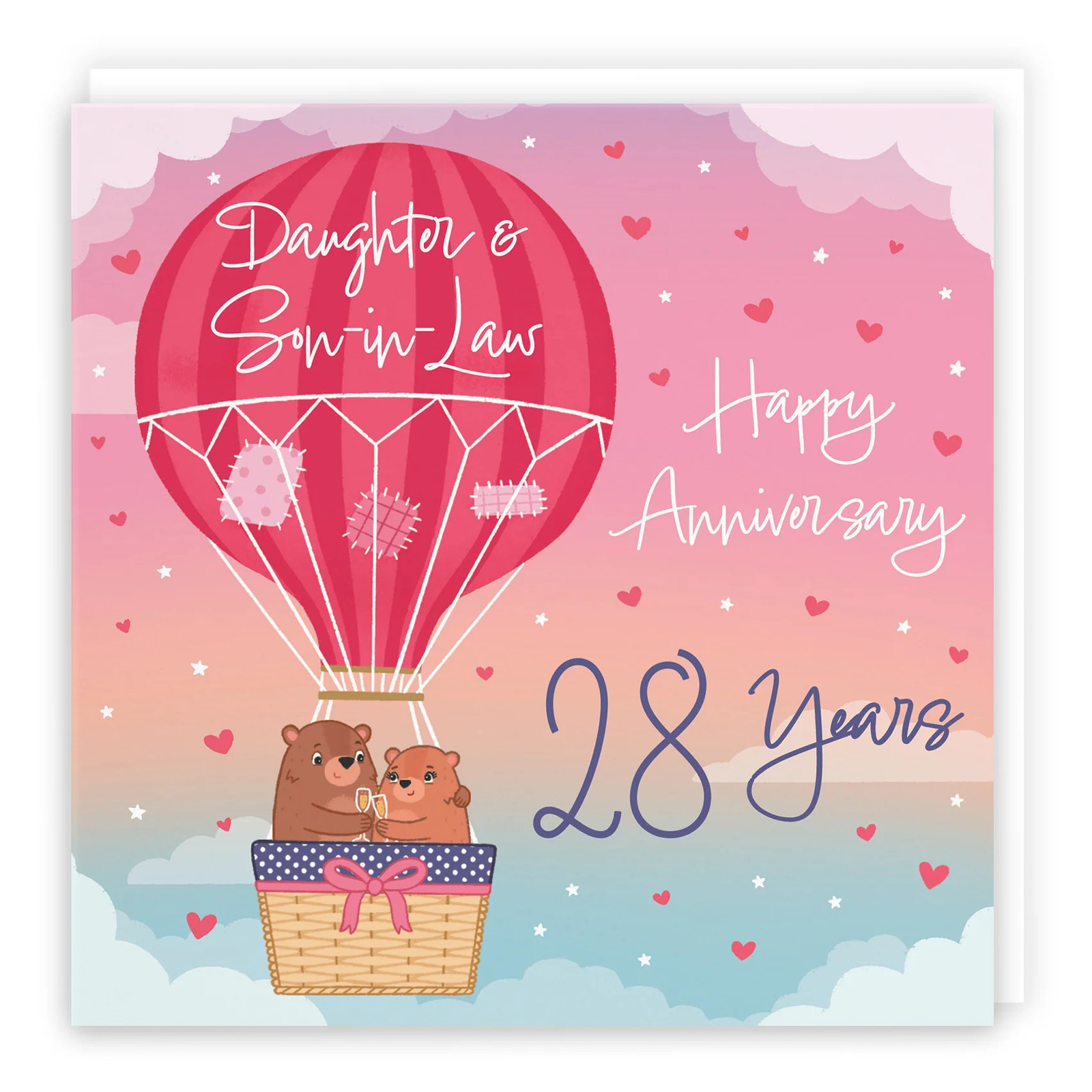 28th Daughter And Son-in-Law Hot Air Balloon Anniversary Card Cute Bears