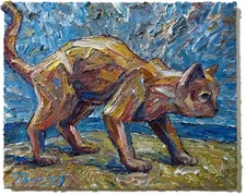 Cat MODERN ORIGINAL OIL█PAINTING█VINTAGE ART█SIGNED KITTEN NATURE ANIMAL PETS NR