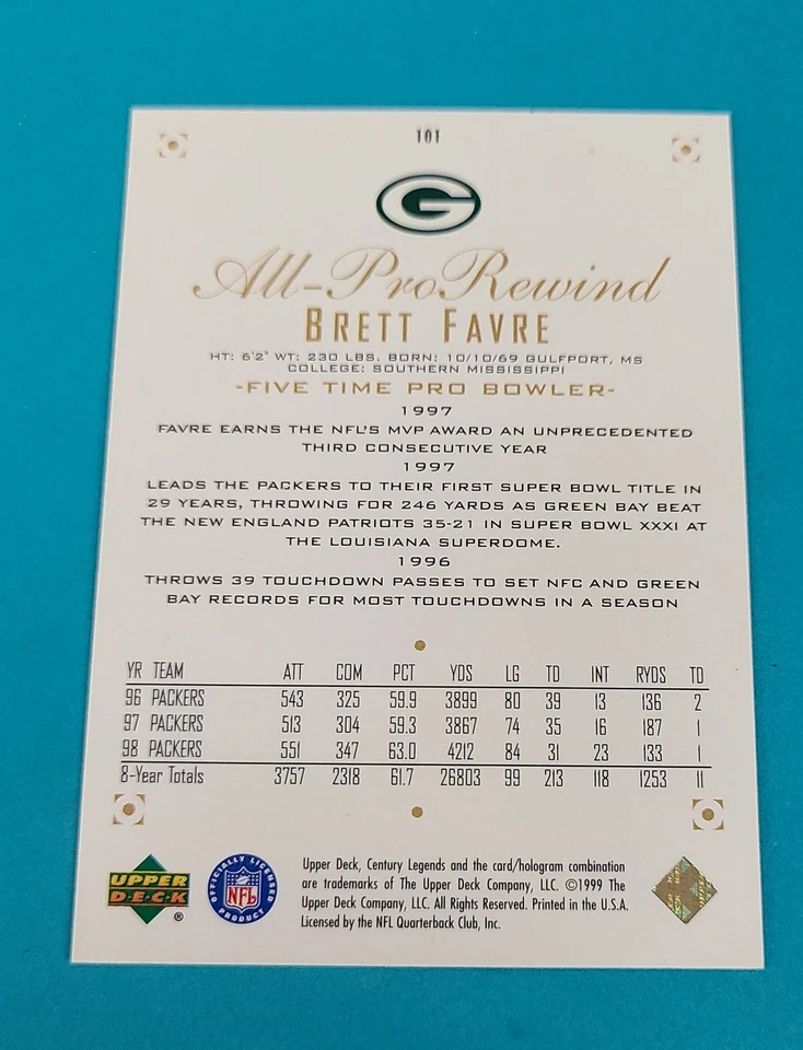 1999 Upper Deck Century Legends #101 Brett Favre Packers FOOTBALL Card N - Image 2 of 2