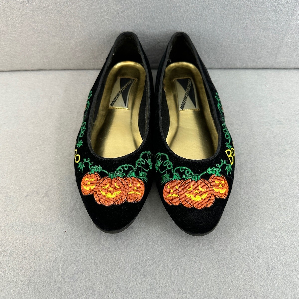 Vintage Mootsies Tootsies Halloween Flats Embroidered Pumpkins Boo Black  Shoes