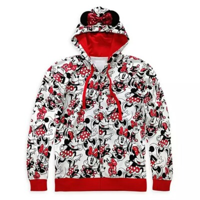 Disney Store Minnie Mouse Hoodie White Red Polka Dot Bows Sequin