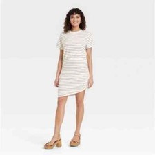 Universal Thread Women's Short Sleeve Side Ruched T-Shirt Dress Tan Stripe Small