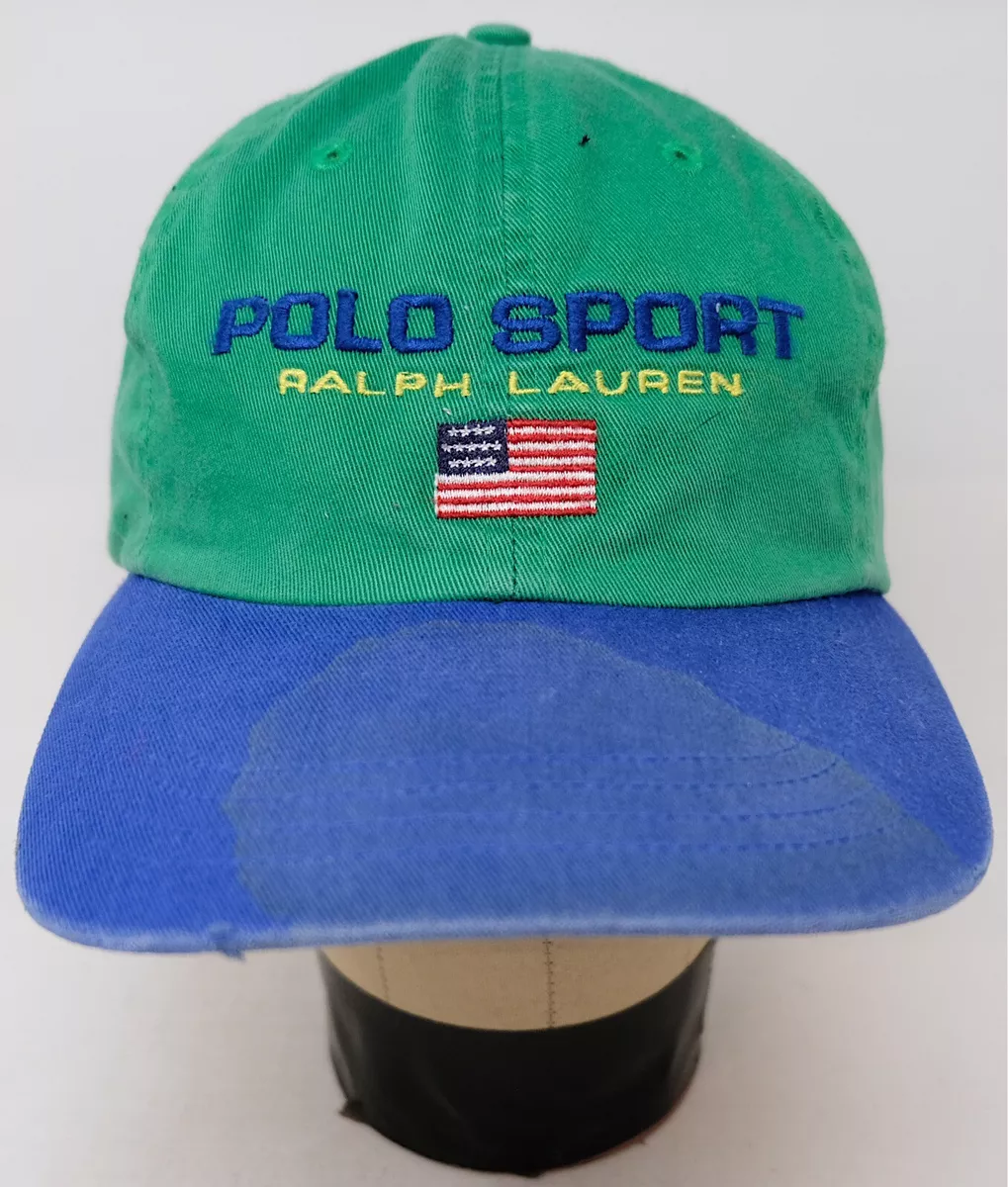 Rare Vintage POLO SPORT Ralph Lauren Spell Out USA Flag Buckle Hat Cap 90s  Green