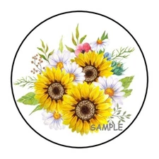 30 SUNFLOWERS ENVELOPE SEALS LABELS STICKERS 1.5" ROUND FLORAL FLOWERS DAISY