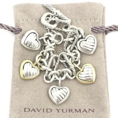 David Yurmam 18K Dangling Cable Hearts Charm Figaro Toggle 925 Bracelet  $1450