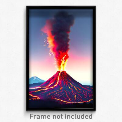 Pixel Art Poster - Amazing Volcano (8 Bit Psychedelic Trippy Video Game Print)