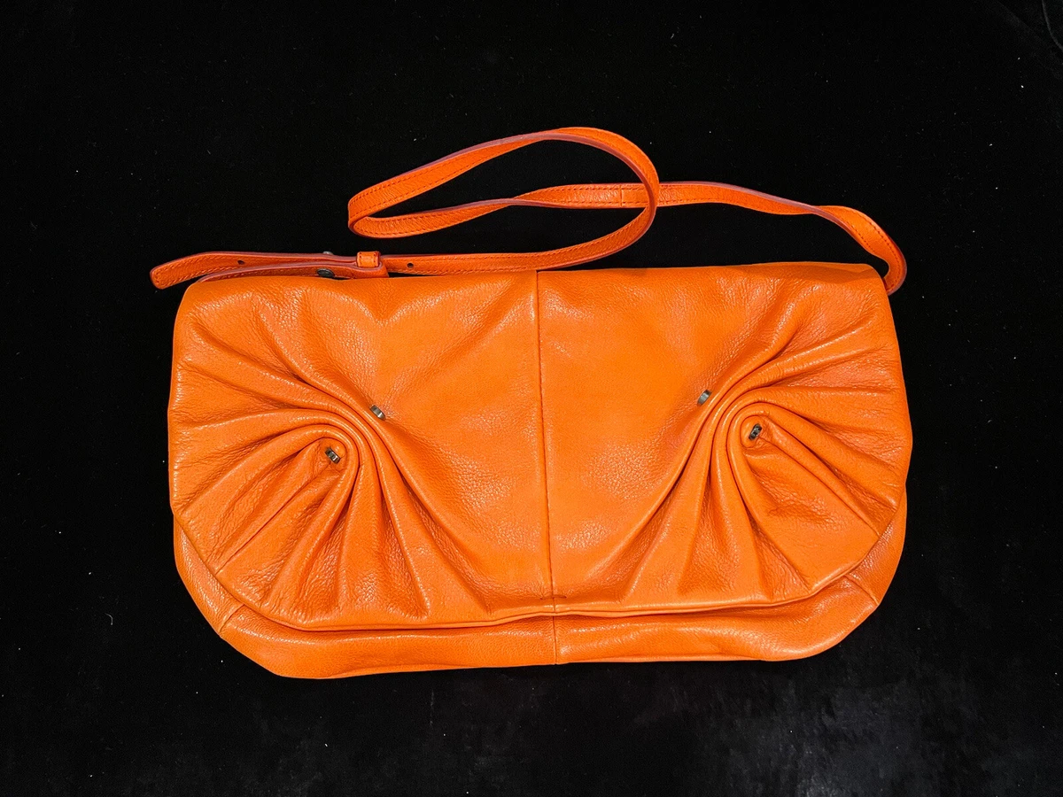 YSL Yves Saint Laurent Chevre Mamounia Foldover Clutch Bag Orange Leather Snap