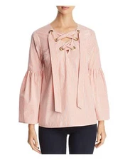 /LX072/ Michael Kors Lace-Up Bell-Sleeve Cotton Top Poppy Stripe Sz XS $110