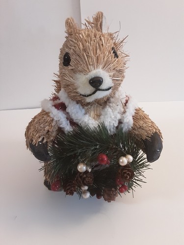 Sisal Squirrel Holding Christmas Wreath Blue And White Stripe Sweater
