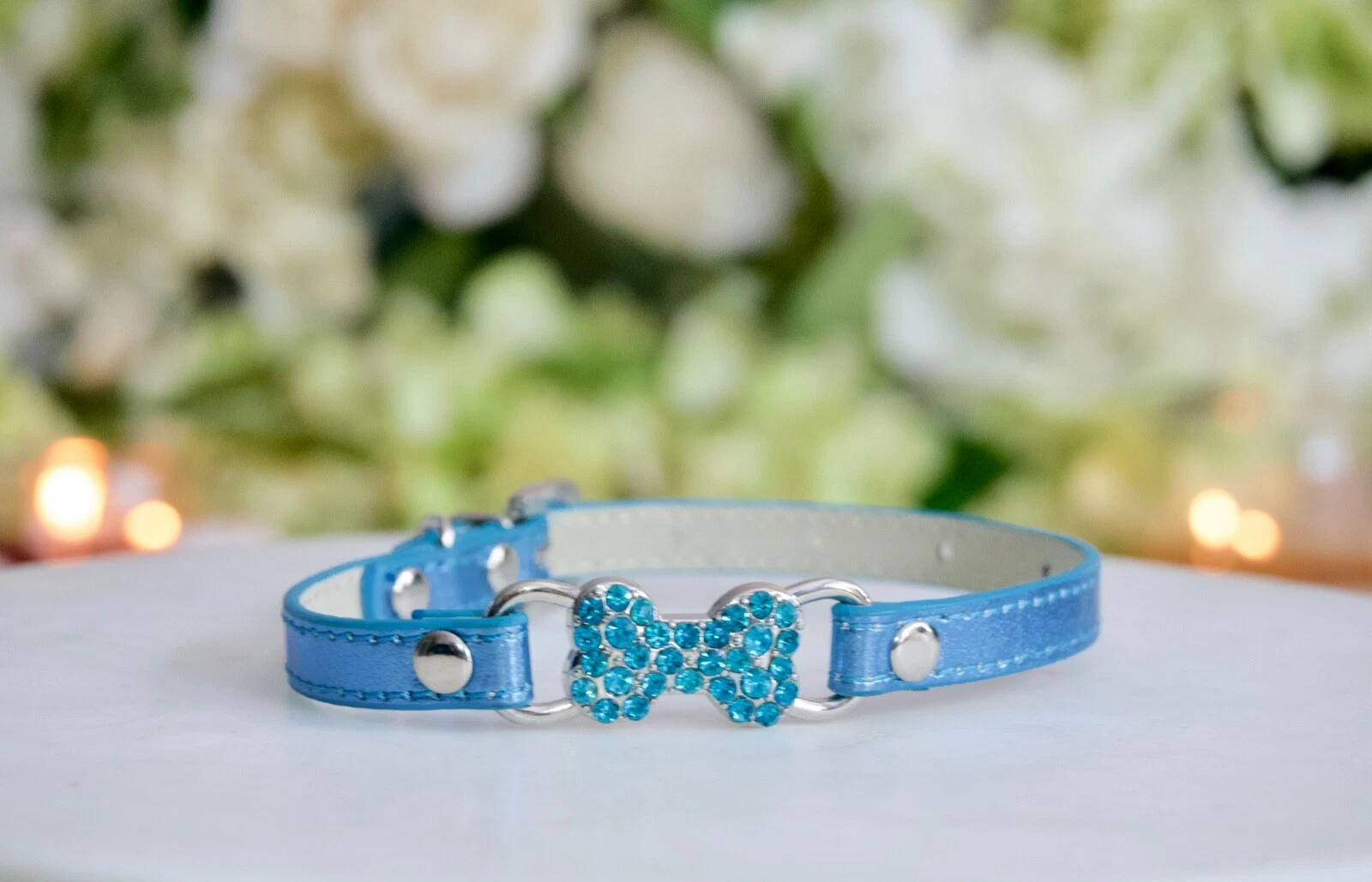 NEW! Luxury Metallic Blue Rhinestone Bone Pet Collar Enchanted Pets Dogs & Cats