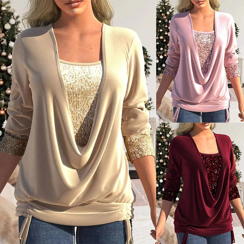 Womens Summer Tunic Tops Ladies Long Sleeve Sequins Shirts Blouse - Bild 2 von 19