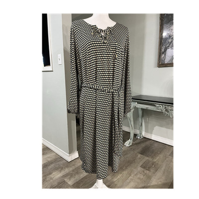 ILE New York Geometric Print Lace-Up Belted Shirt Dress Black Cream 12