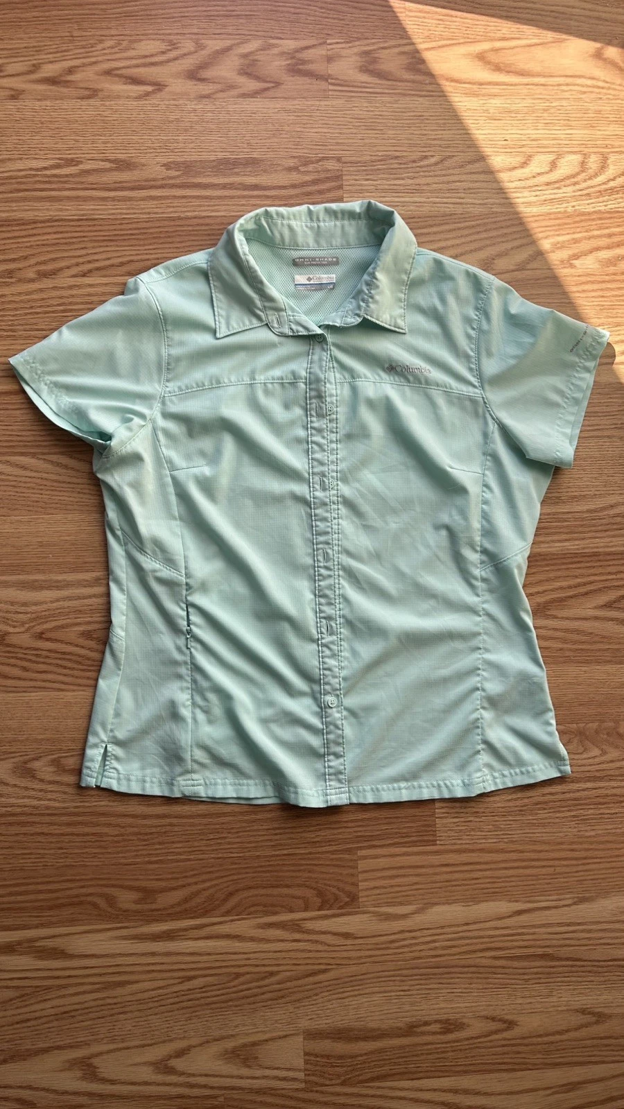 COLUMBIA Shirt Women Large Omni-Shade Sun Protection MINT Button Down Zip Pocket