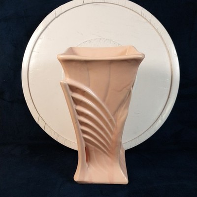 Vtg 1940's McCoy Pottery Square Flared Wing Fan Ribbed Pink 9.25 Art Deco Vase