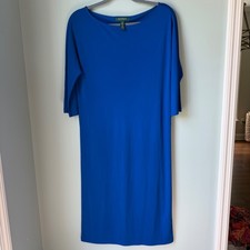 Lauren Ralph Lauren Jersey Midi Dress Cobolt Blue 3/4 SLV Boat Neck Size Medium