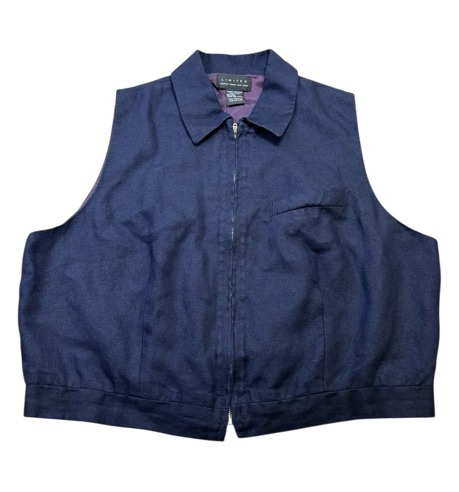 1990s The Limited Zip Front Crop Top Navy Blue Preppy Academia 41 Inch Bust - Image 3 of 4