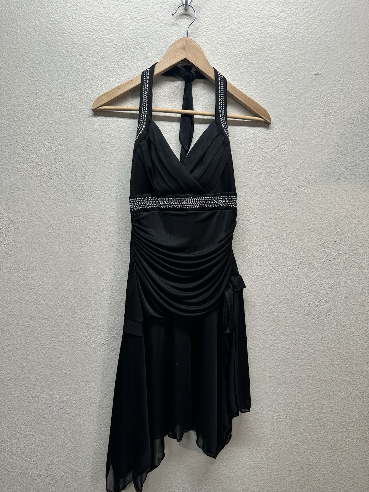 Vintage Trixxi Black Halter Top Cocktail Dress Rhinestones Y2K Party Midi Size M