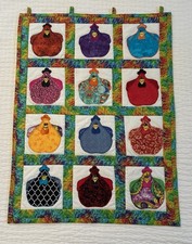 Festive Chickens Patchwork Panel 12 Patch Appliqued Quilted Wall Hanging w/Tab