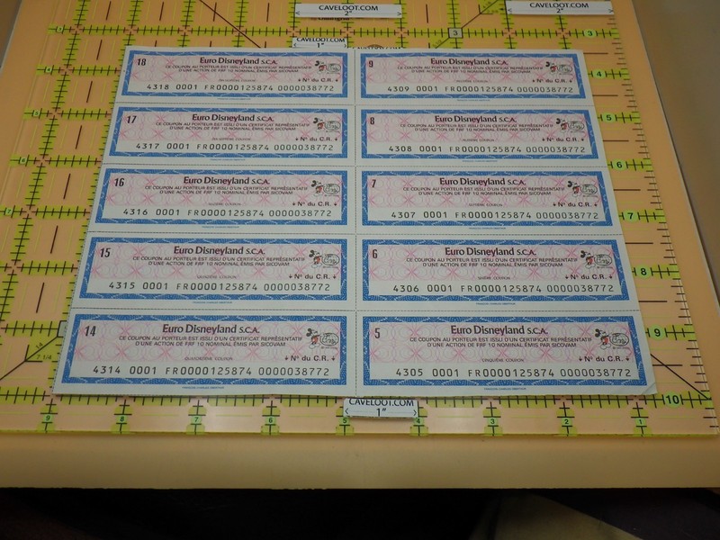 Euro Disneyland Stock Certificate Coupons Block of 10 Mickey Mouse Disney Scrip