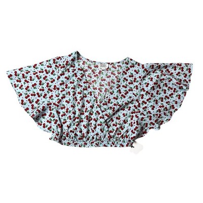 Unique Vintage Blue Cherry Flutter Sleeve Pinup Crop Top Size Medium 6-8
