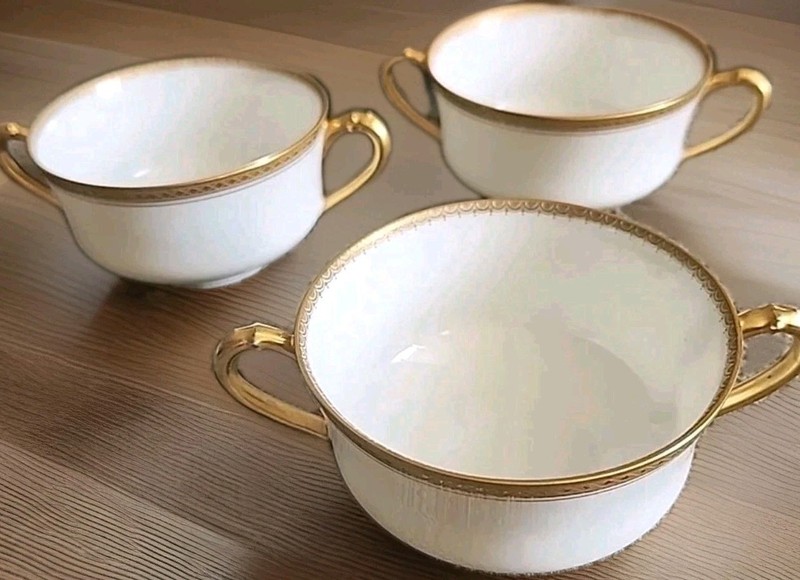Vtg. Van Roden Limoges -3 Cream Soup Bowls/ Dessert/ Gold Banding