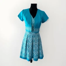 Kim Rogers aqua blue & white 2pc jacket dress 4 petite Easter Holiday