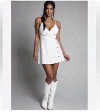 L’ATISTE by Amy Linen Blend White Mini Dress Sz S Cocktail Party Button Down