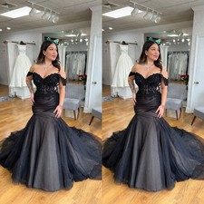 Black Mermaid Wedding Dresses Gothic Sweep Train Off Shoulder Bridal Gowns