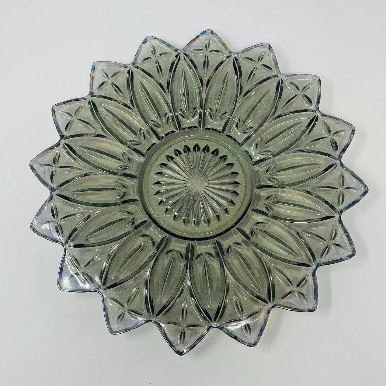 Vintage Federal Glass Petal Sandwich Plate Smoke Iridescent Carnival Glass 11.5”