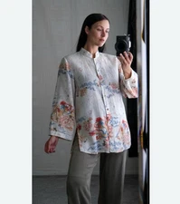 CITRON SANTA MONICA Linen Shirt Asian Dragon Peony Flowers LARGE Made In USA