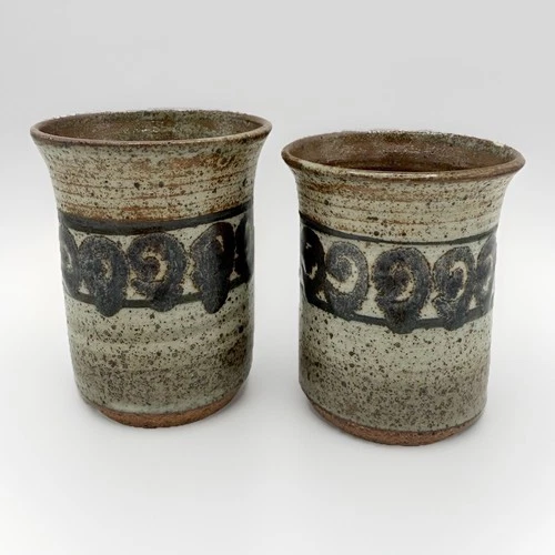 Studio Pottery Tumblers Brown Speckled Glaze Set of 2 Vintage Cups Signed "BG"