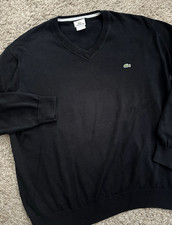 Lacoste V-Neck Sweater Pullover Sz. 7 Men's Large All-Black Alligator Cotton Euc