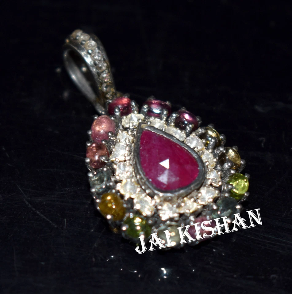 Rubino Multi Tormalina Gemma Polki Diamante 925 Argento Sterling Etnico Ciondolo - Immagine 2 di 4