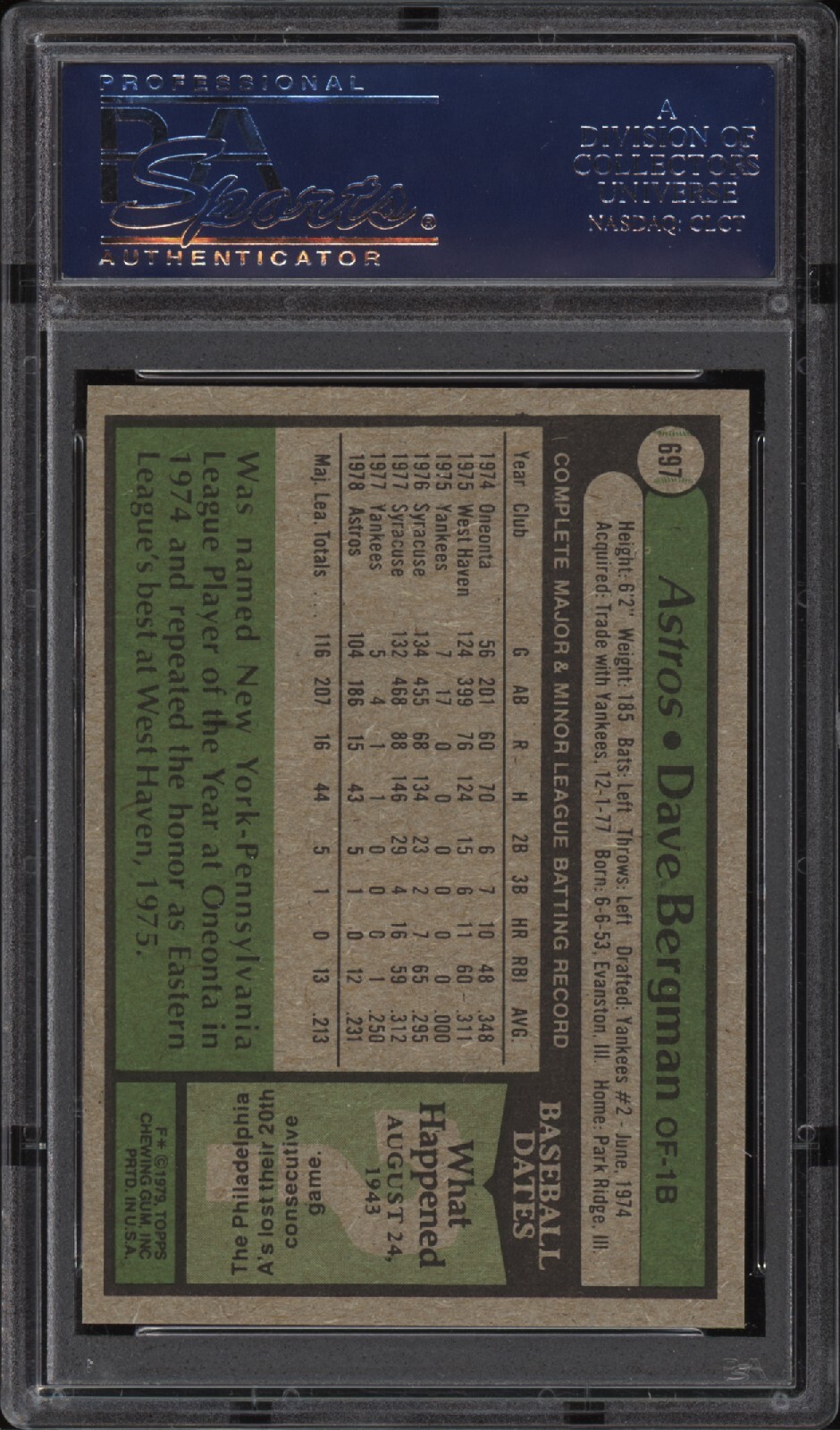 1979 Topps 697 Dave Bergman Astros PSA 10 *407922 Pop 9