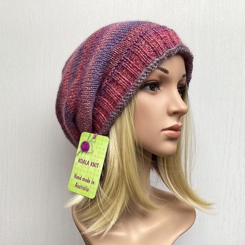 KOALA KNIT HAND KNITTED SIZE L LADIES AUST WOOL PINK PURPLE SLOUCHY BEANIE HAT - Picture 4 of 6