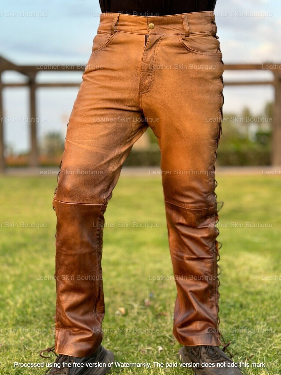 Men's Vintage Brown Leather Lace Up Pants Men Biker Motorcycle Trouser Jeans
