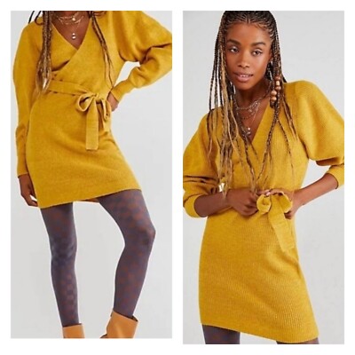 Free People Marigold Yellow Long Sleeve Knit Mini Wrap Dress Womens Small  NEW | eBay