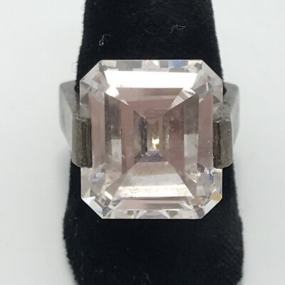 Vintage  925 Sterling Silver & Huge Emerald Cut Crystal Unique Band Ring sz 6