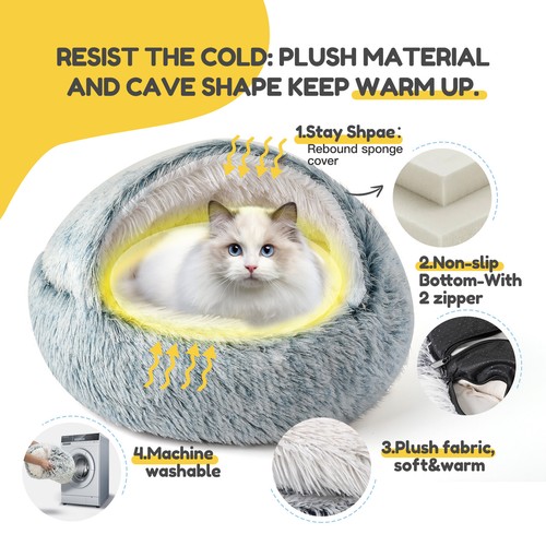 Pet Cat Calming Bed Cuddle Soft Warm Plush Cushion Cave Sleeping Nest Tent House - Picture 4 of 26
