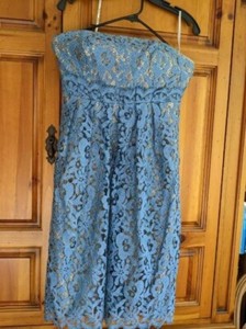 KAY UNGER BLUE GOLD LACE STRAPLESS SHORT EVENING DRESS SIZE  8
